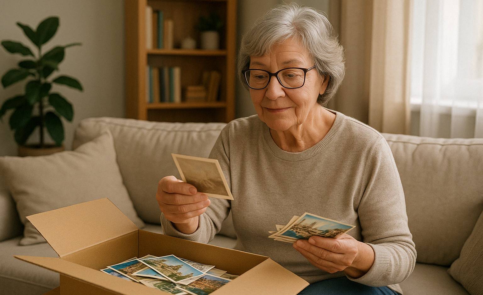 retired woman going through a box of old photos