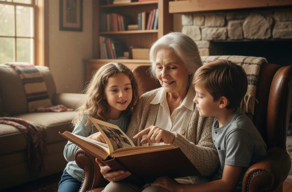 Grandmother sharing her life story with her grandchildren.